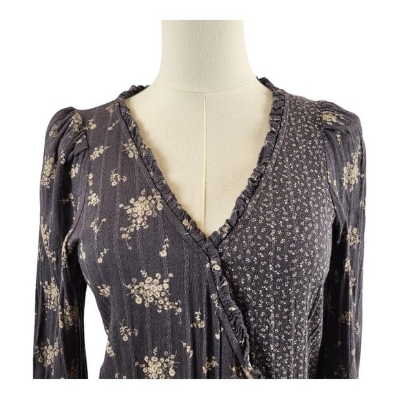 American Eagle Outfitters Small Mini Dress Cotton Brown and Tan Floral Faux Wrap - Picture 7 of 16